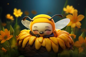 3D cartoon style little bee sleeping in the flower, little bee sleeping on the flower in the fairy tale world