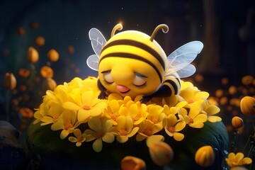3D cartoon style little bee sleeping in the flower, little bee sleeping on the flower in the fairy tale world