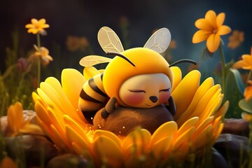 3D cartoon style little bee sleeping in the flower, little bee sleeping on the flower in the fairy tale world