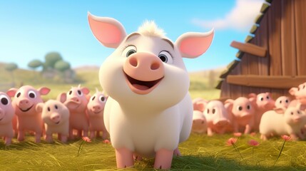 3D cute cartoon style farm piglets, curious piglets, organic farm animals