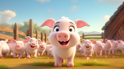 3D cute cartoon style farm piglets, curious piglets, organic farm animals