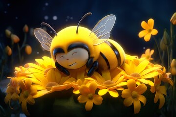 3D cartoon style little bee sleeping in the flower, little bee sleeping on the flower in the fairy tale world