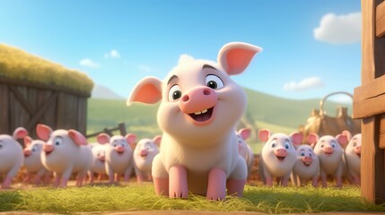 3D cute cartoon style farm piglets, curious piglets, organic farm animals