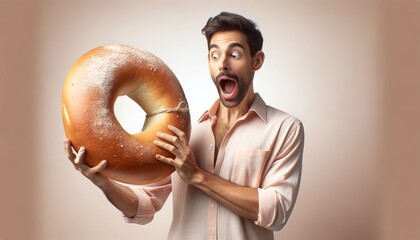 Surprised Young Man Holding a Gigantic Bagel with Amazement on a Neutral Background