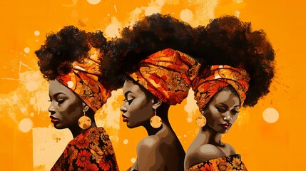 Stylish african tribal woman with colorful turban on golden background, hand drawn surreal golden decoration of tribal woman