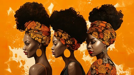 Stylish african tribal woman with colorful turban on golden background, hand drawn surreal golden decoration of tribal woman