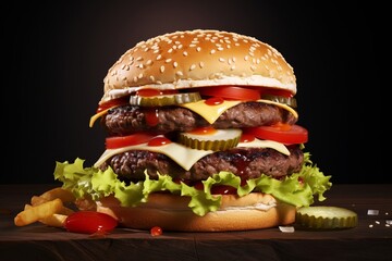 hamburger on black background, delicious cheeseburger on a black background, cheeseburger with...