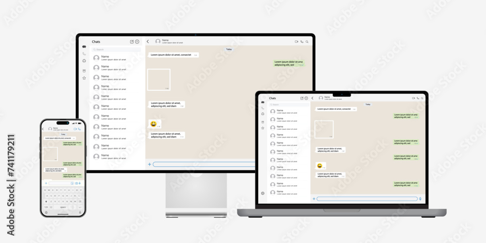 Poster notebook computer, desktop, and smartphone with messenger application on the screen. messenger conve