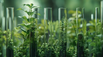Many green plants in test tube with green plants in backdrop with a big empty space, Generative AI.
