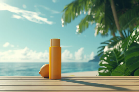 Mock up bottle of sunscreen on table on the beach