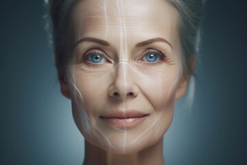 Elderly woman's face with virtual facial contour lines, elderly woman's face close-up, face close-up with virtual facial lines, aging face close-up, plastic surgery, beauty spa,