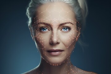 Elderly woman's face with virtual facial contour lines, elderly woman's face close-up, face close-up with virtual facial lines, aging face close-up, plastic surgery, beauty spa,