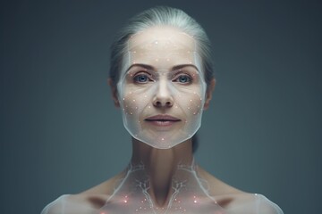 Elderly woman's face with virtual facial contour lines, elderly woman's face close-up, face close-up with virtual facial lines, aging face close-up, plastic surgery, beauty spa,
