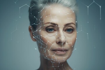 Elderly woman's face with virtual facial contour lines, elderly woman's face close-up, face close-up with virtual facial lines, aging face close-up, plastic surgery, beauty spa,