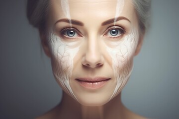Elderly woman's face with virtual facial contour lines, elderly woman's face close-up, face close-up with virtual facial lines, aging face close-up, plastic surgery, beauty spa