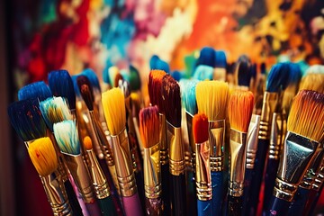 Row of paintbrushes covered with paint, brushes and paints, children's drawing, children's creativity