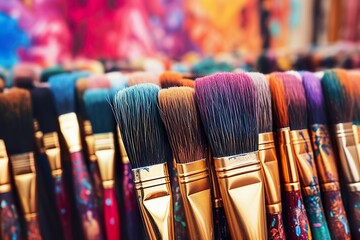Row of paintbrushes covered with paint, brushes and paints, children's drawing, children's creativity