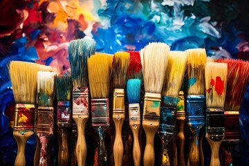 Row of paintbrushes covered with paint, brushes and paints, children's drawing, children's creativity
