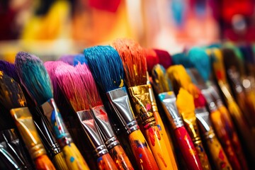 Row of paintbrushes covered with paint, brushes and paints, children's drawing, children's creativity
