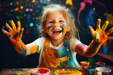 Girl painting with paint on her hands, girl painting, girl painting hands, children's painting training, children's creativity, little girl paints with her hands
