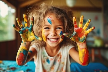 Girl painting with paint on her hands, girl painting, girl painting hands, children's painting training, children's creativity, little girl paints with her hands