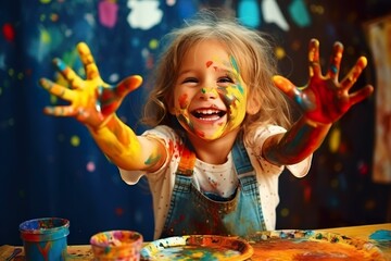 Girl painting with paint on her hands, girl painting, girl painting hands, children's painting training, children's creativity, little girl paints with her hands