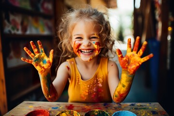 Girl painting with paint on her hands, girl painting, girl painting hands, children's painting training, children's creativity, little girl paints with her hands