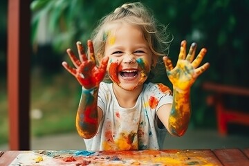 Girl painting with paint on her hands, girl painting, girl painting hands, children's painting training, children's creativity, little girl paints with her hands