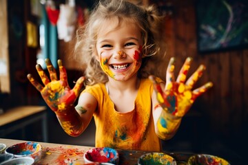 Girl painting with paint on her hands, girl painting, girl painting hands, children's painting training, children's creativity