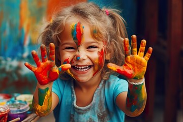 Girl painting with paint on her hands, girl painting, girl painting hands, children's painting training, children's creativity