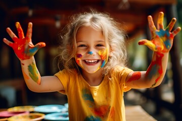 Girl painting with paint on her hands, girl painting, girl painting hands, children's painting training, children's creativity