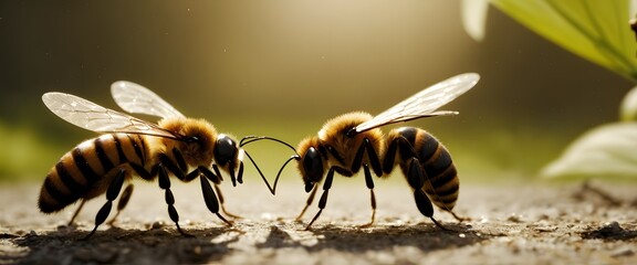 Two bees, insects and pollinators, are standing side by side on the ground as terrestrial animals in a natural landscape