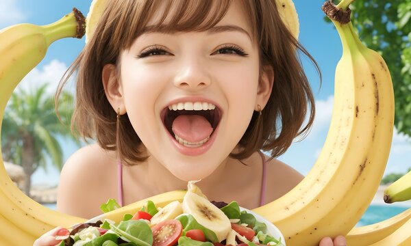 A happy woman with a smile on her face is enjoying a salad filled with bananas, sharing the fresh plantbased food with joy and water nearby