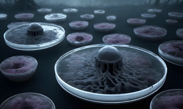 Several petri dishes containing purple jellyfish organisms floating in water, illuminated by a dim light in a dark room
