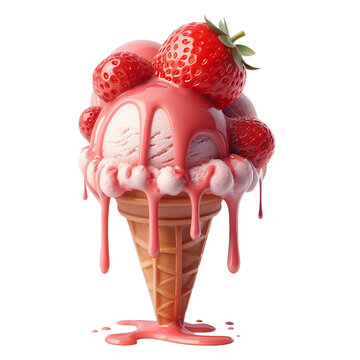 Image of a delicious cone with strawberry ice cream decorated on top with several strawberries on a transparent background, PNG