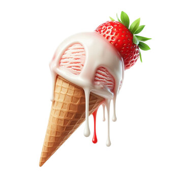 Image of a Delicious cone with Strawberry ice cream, decorated with a strawberry above on a transparent background. PNG