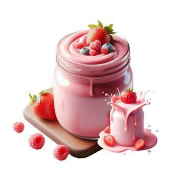 Image of two glass with spilling strawberry flavored yogurt decorated with strawberry and andan fruits on transparent background, PNG