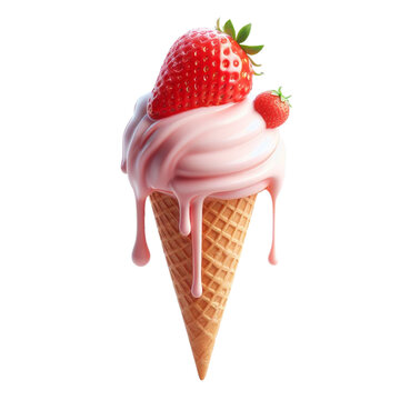 Image of a Delicious cone with Strawberry ice cream, decorated with a strawberry above on a transparent background, PNG 