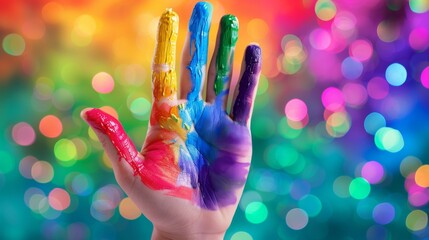 Creative Expression: Colorful Paint-Covered Hand Against Vibrant Bokeh Background
