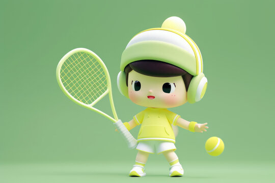 A cute friendly 3d tennis player character. 3D Rendering style illustration