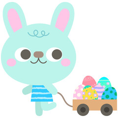 Easter and spring set with cute Little rabbit pulling garden cart full of easter eggs