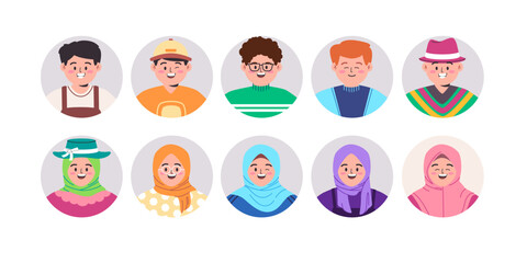 avatar character young man and muslim woman diverse people wear hat with eyeglasses accessory