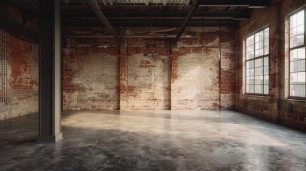 Fototapeta na wymiar Empty Old Warehouse with Industrial Loft Style. Brick Wall, Concrete Floor, Black Steel Roof 