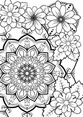 Abstract mandala and flowers for coloring. Vector contour drawing on white background. Anti-stress coloring for adults and children. 
