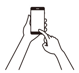 スマホを左手で持ち右手で操作する手元、黒い線で描いたイラスト