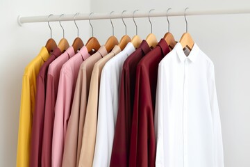 Row of colorful shirts on hangers, colorful shirts hanging on shelves, clothing classifieds, clothing sale