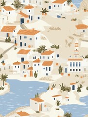 Seamless pattern on Greek islands theme in hand drawn style, beautiful Greek islands seamless wallpaper, hand drawn Mediterranean islands seamless pattern