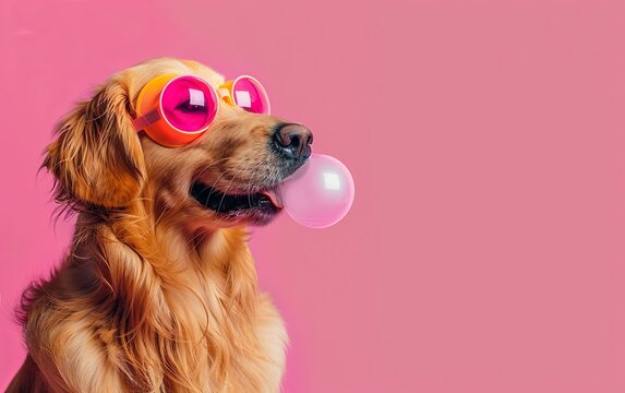 Golden Retriever dog blowing bubble gum wearing sunglasses fashion portrait on solid pastel background. presentation. advertisement. invitation. copy text space.