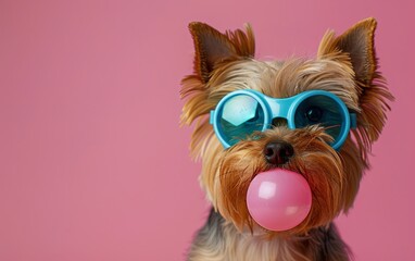 Naklejka premium Yorkshire Terrier dog blowing bubble gum wearing sunglasses fashion portrait on solid pastel background. presentation. advertisement. invitation. copy text space.