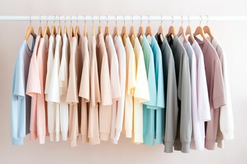 A row of colorful short-sleeved T-shirts hanging on the shelf, colorful short-sleeved T-shirts, summer clothing sale, new summer clothing, online shopping website classification